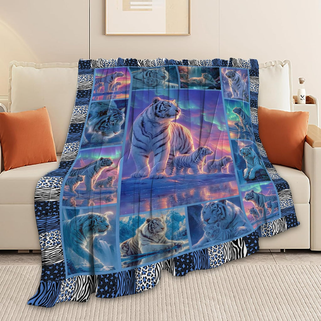 White Tiger Throw Blanket White Tiger Stuff Gifts for Kids Girls Boys Adults Women Men Soft Cozy Warm Plush Fluffy Fuzzy Fleece Blanket Decor 40''X50''