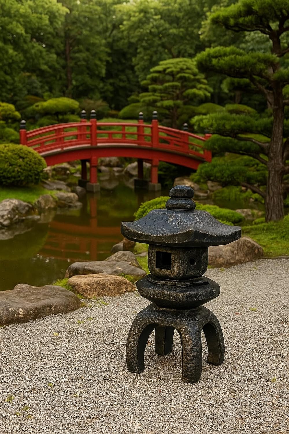 Japanese Lantern – 2-Piece Concrete Pagoda Statue with Open Windows, 17”H Heavy Stone Garden Lantern, Weatherproof Outdoor Decor, Autumn Brown Stain Color