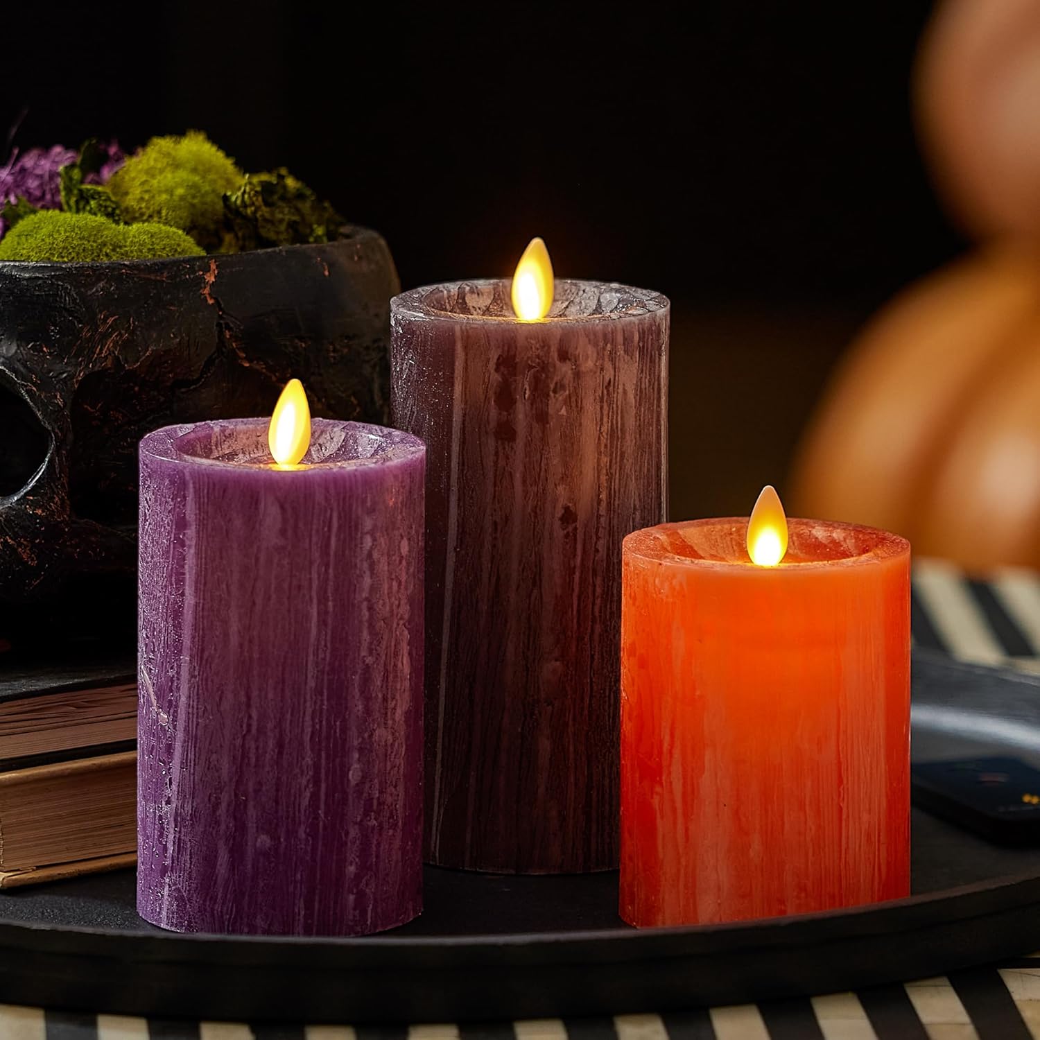 Luminara Realistic Flameless LED Candle Multi-Color Set of 3, Battery Operated with Remote Control, Moving Flame Pillar Timer Funtion Melted Top Safe