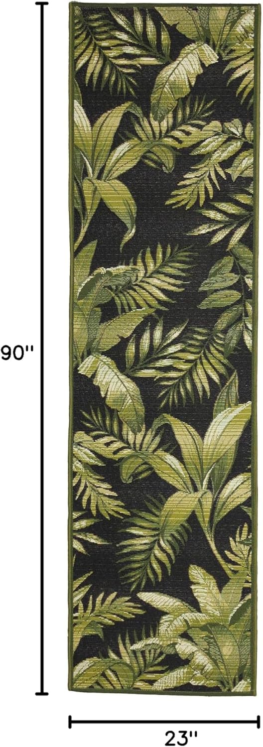 Liora Manne Marina Indoor/Outdoor Power Loomed Synthetic Blend Low Profile Area Rug - Transitional Graphic Botanical Beach Camping (Jungle Leaves Black) (1'11" x 7'6")