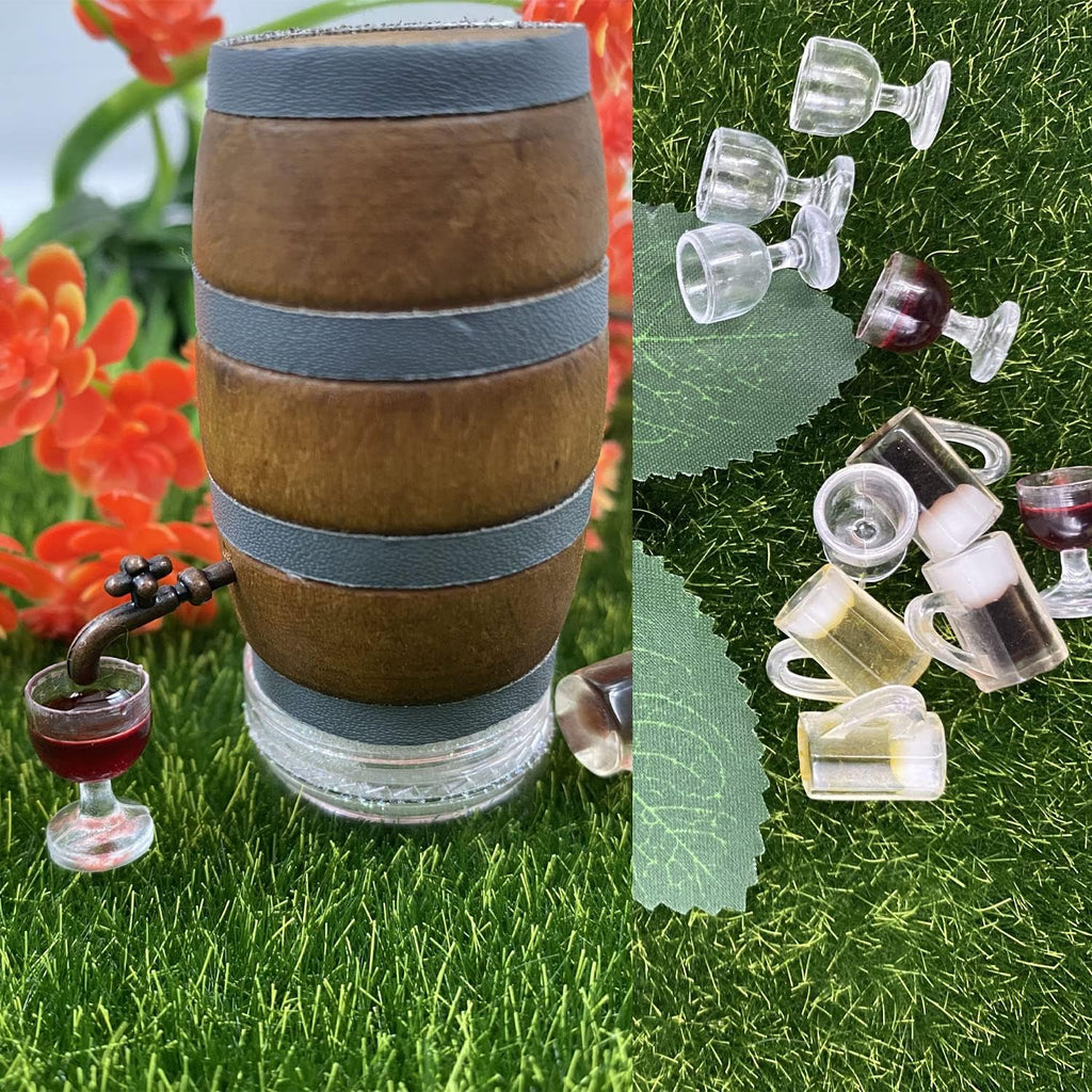 Cayway Miniature Drink Set - 8 PCS Accessories, 1 PCS Wooden Beer Barrel, White & Beer Glasses for Fairy Garden Pub Bar Decoration