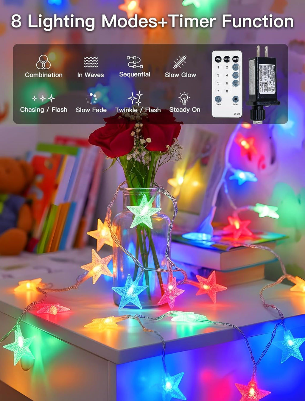 Star String Lights Plug in,33ft 100LED Star Christmas Lights with Remote and Timer, Fairy Lights Waterproof for Indoor Outdoor Bedroom Classroom Dorm Wedding Party Holiday Decor,Multicolor