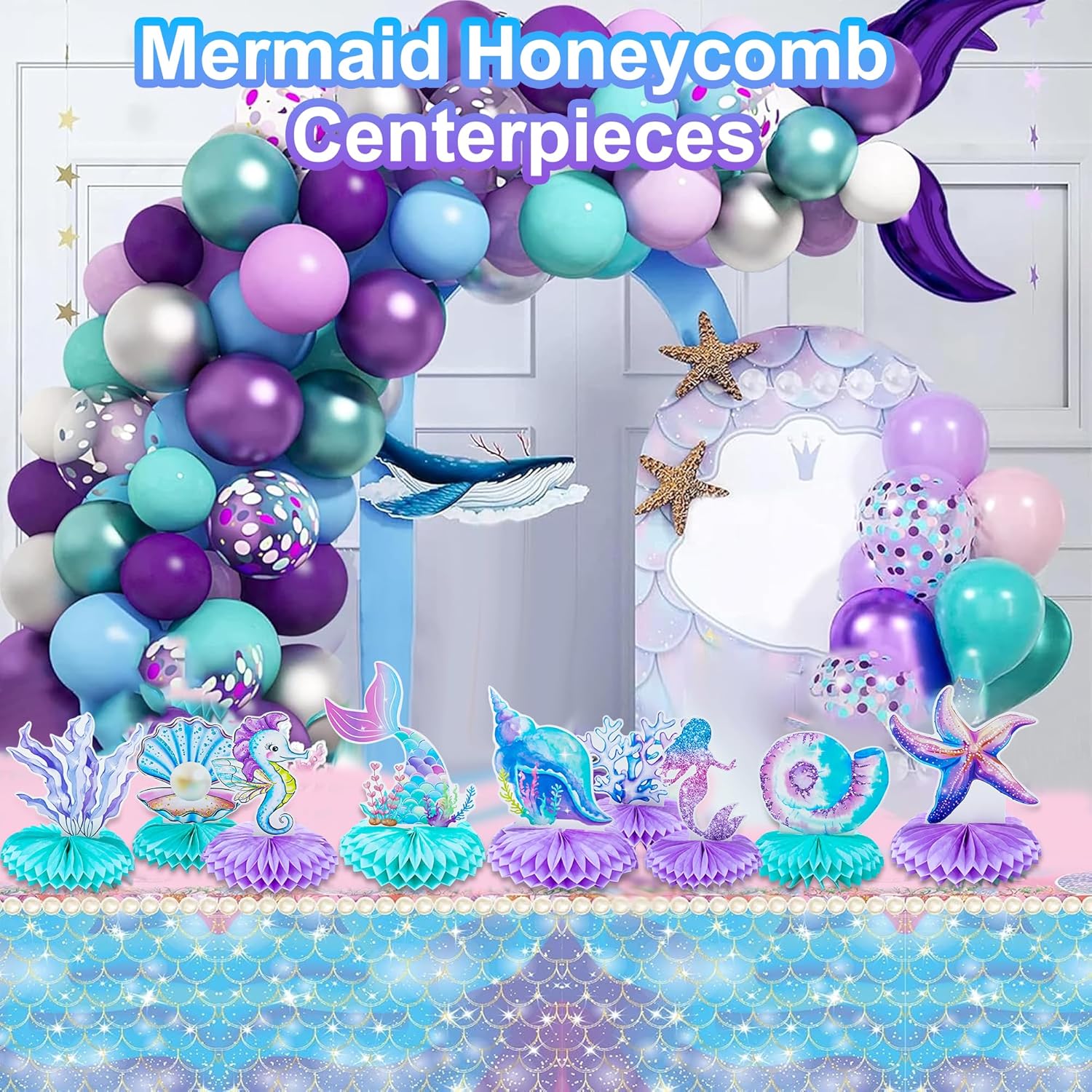 9 PCS Mermaid Honeycomb Centerpieces for Table, Mermaid Birthday Decorations Under The Sea Table Decor Ocean Theme Honeycomb Ornaments for Girl Baby Shower Birthday Party DIY Supplies
