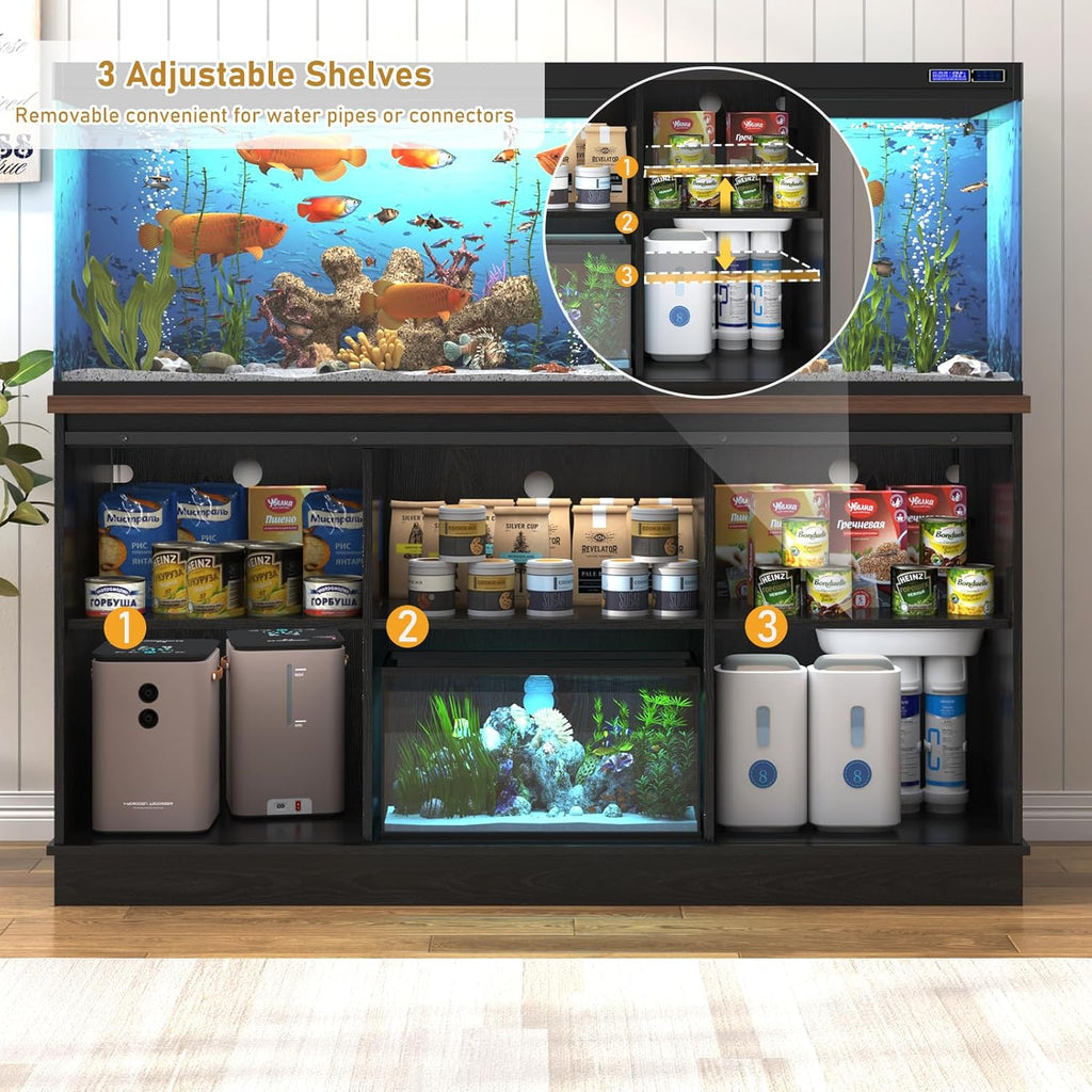 Farmhouse 75-120 Gallon Fish Tank Stand with Power Outlet, Aquarium Stand w/Cabinet&Sliding Barn Door, Heavy Duty Reptile Tank Stand for Fish/Turtle/Reptile Terrarium, 1000LB Capacity, Black