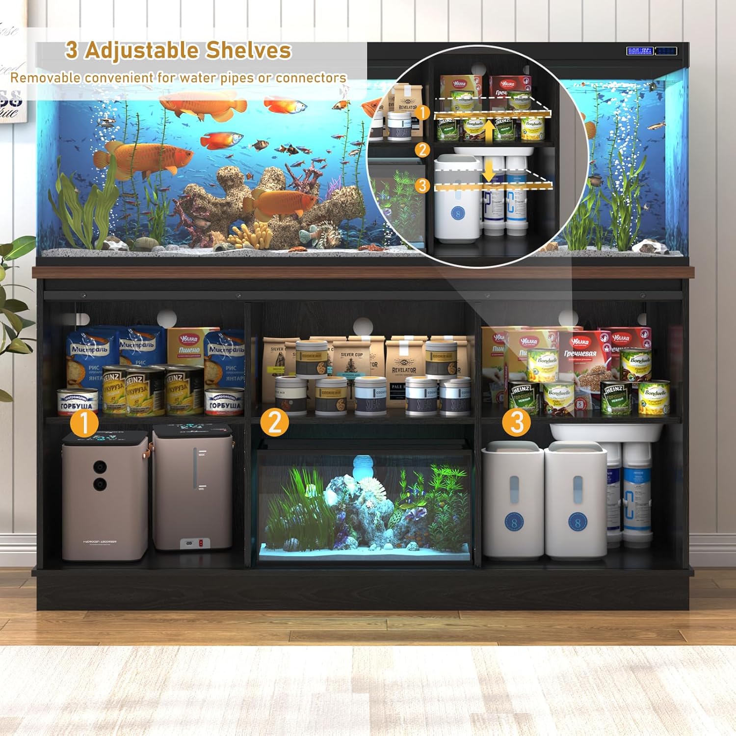 Farmhouse 75-120 Gallon Fish Tank Stand with Power Outlet, Aquarium Stand w/Cabinet&Sliding Barn Door, Heavy Duty Reptile Tank Stand for Fish/Turtle/Reptile Terrarium, 1000LB Capacity, Black