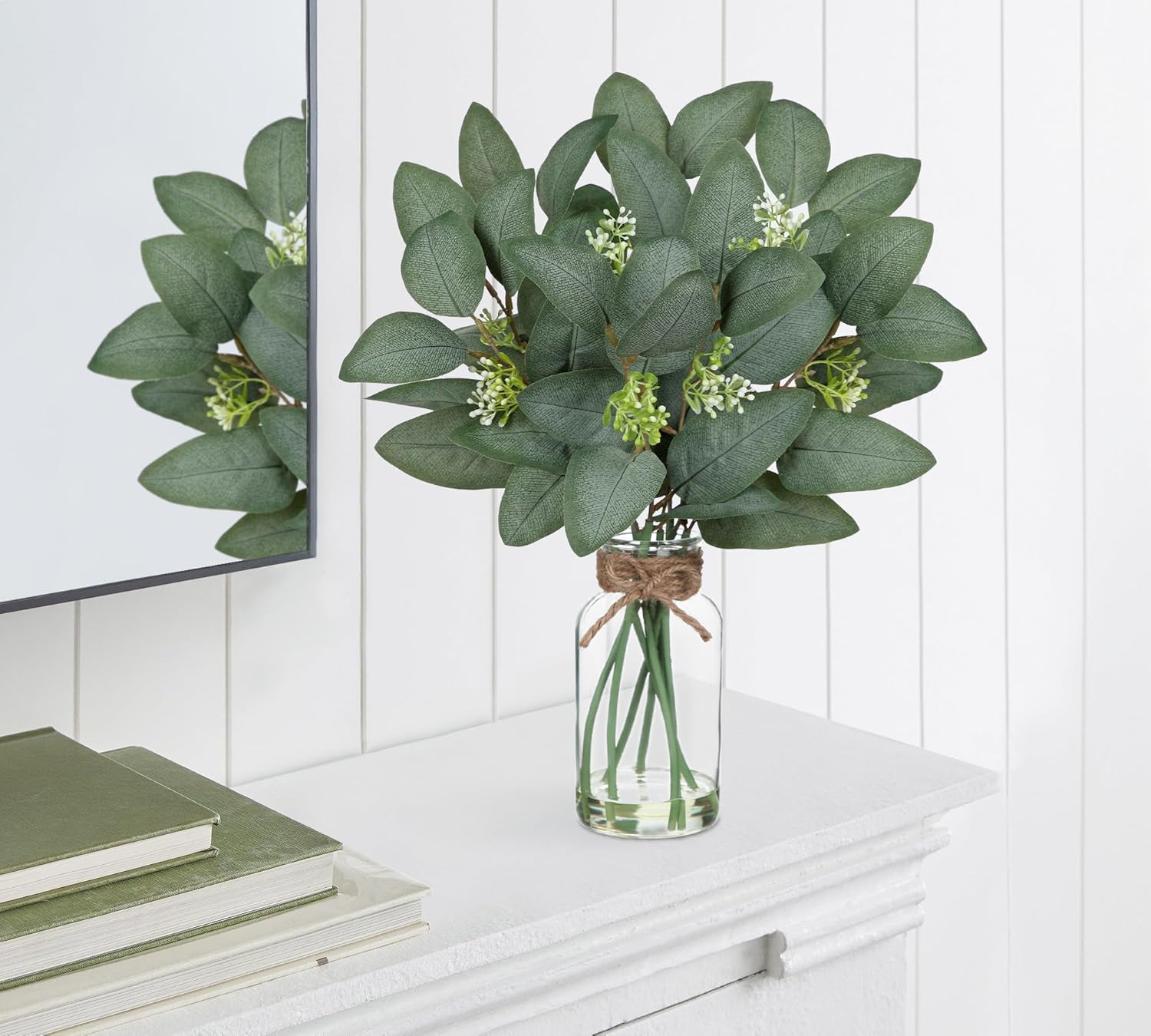 Hollyone 16.1" Artificial Eucalyptus Stems with Glass Vase with Faux Water Fake Plant Eucalyptus in Vase for Home Decor Greenery Plants Wedding Bathroom Office Table Centerpiece Shelf Decorations