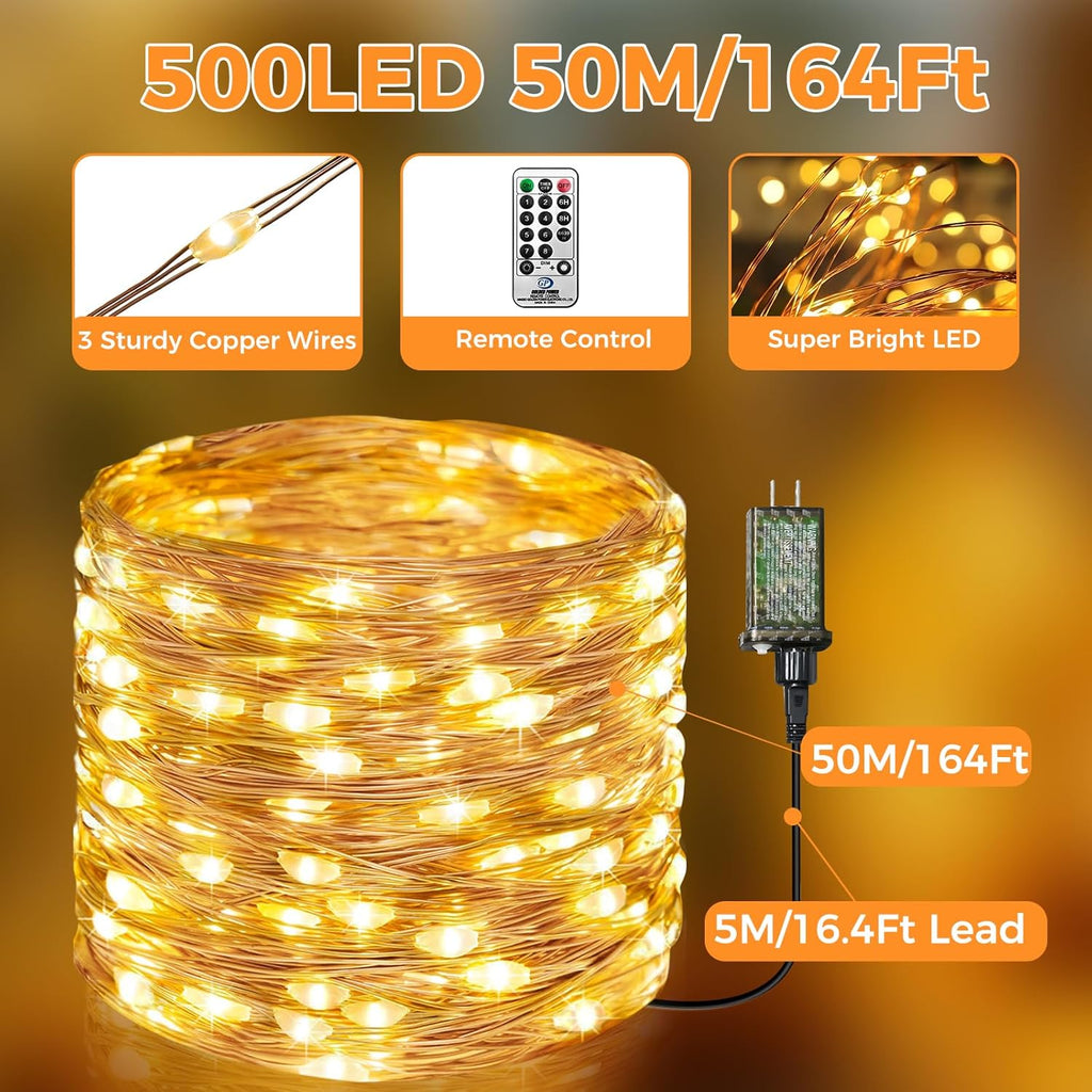 btfarm Fairy Lights Plug in with Remote, 165FT 500 LED Outdoor Twinkle Lights Waterproof with Timer, 8 Modes Indoor String Lights for Bedroom Patio Garden Wedding Christmas Decoration, Warm White