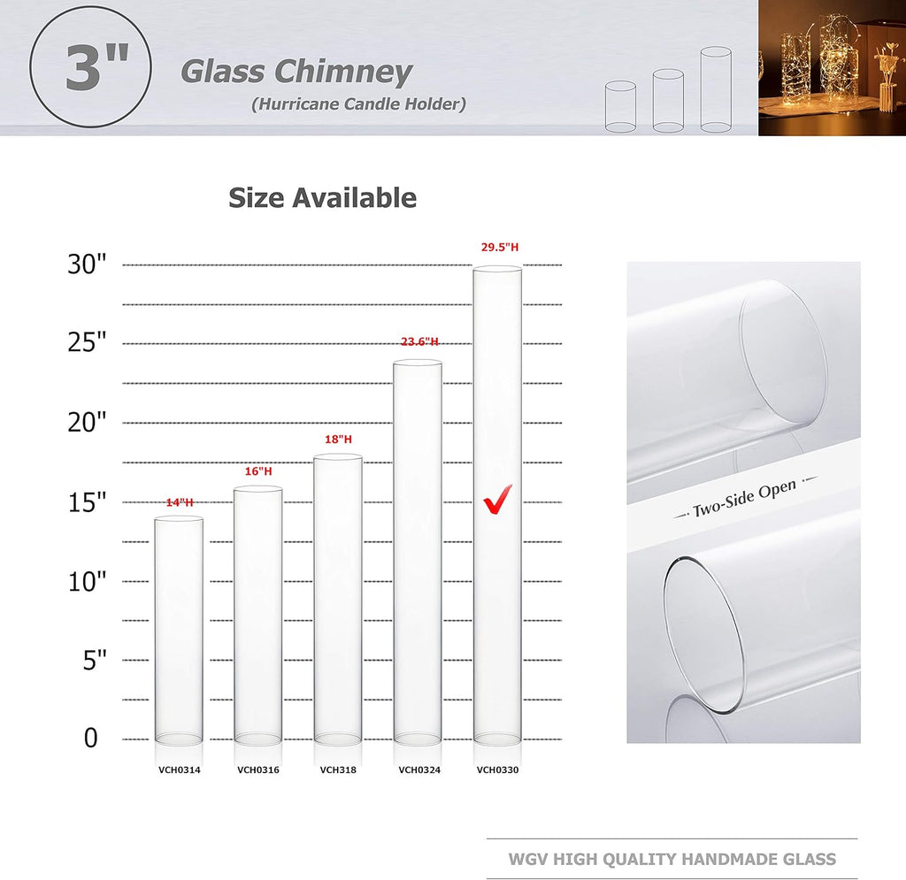 WGVI Hurricane Candle Holder Sleeve, Wide 3", Height 30", Clear Glass Cylinder Candleholder, Chimney Tube, Open Ended Candle Shade, 1 Piece
