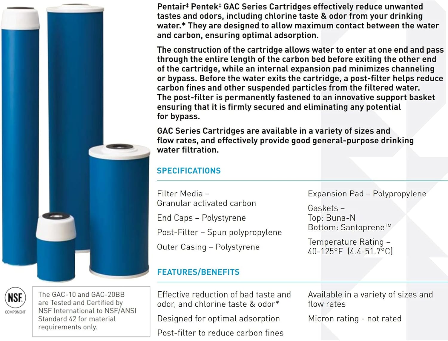 Pentair Pentek GAC-5 Carbon Water Filter, 5-Inch, Under Sink Granular Activated Carbon (GAC) Replacement Cartridge, 5" x 2.5"