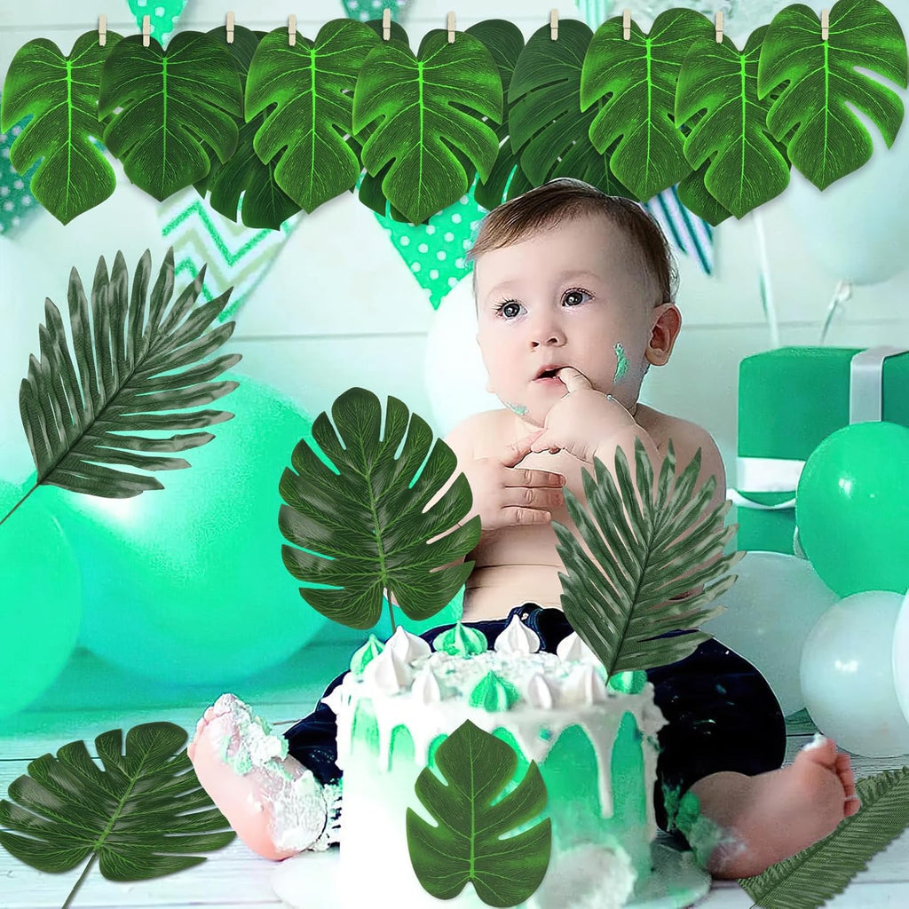 108 Pieces 7 Kinds Artificial Tropical Leaf Jungle Leaves Plant Safari Leaves Decorations Fake Palm Leaf with Stems for Hawaiian Luau Party Table Beach Birthday Wedding Theme Party Decorations