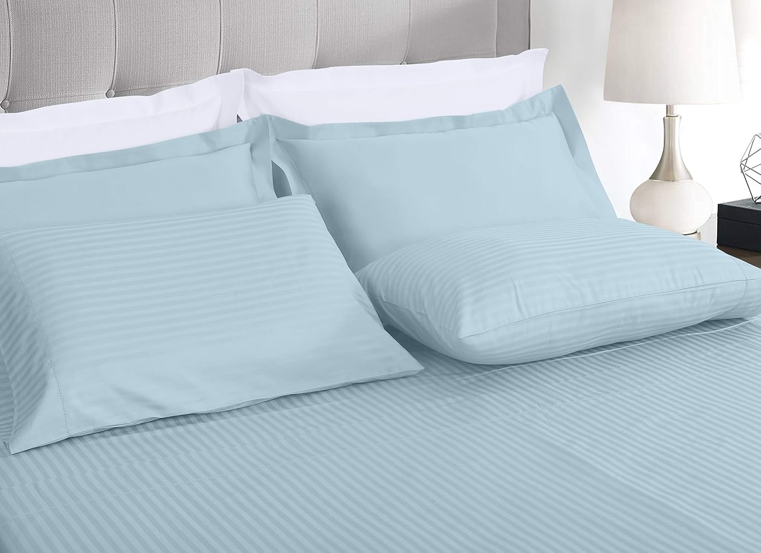 Threadmill 100% Cotton Sheets for Cal King Size Bed - 600 Thread Count Cal King Bed Sheets Set with 16” Deep Pocket - Damask Stripe Sateen Weave 4-Piece Bedding Set with Cooling Effect, Blue