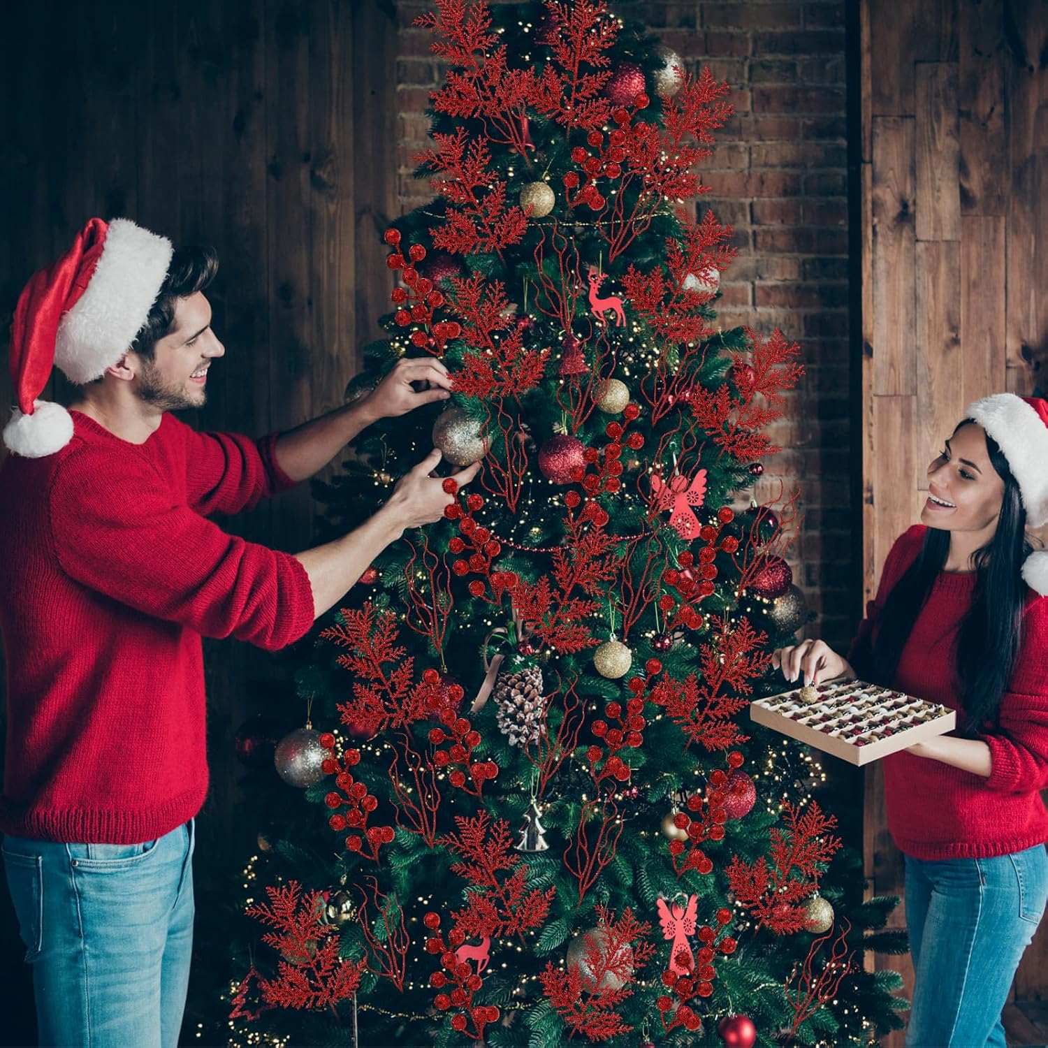75 Pcs Christmas Glitter Branches 3 Styles Artificial Christmas Picks Berries Stems Pine Needles Floral Twig Spray for Xmas Tree Ornaments DIY Wreath Garland(Red)