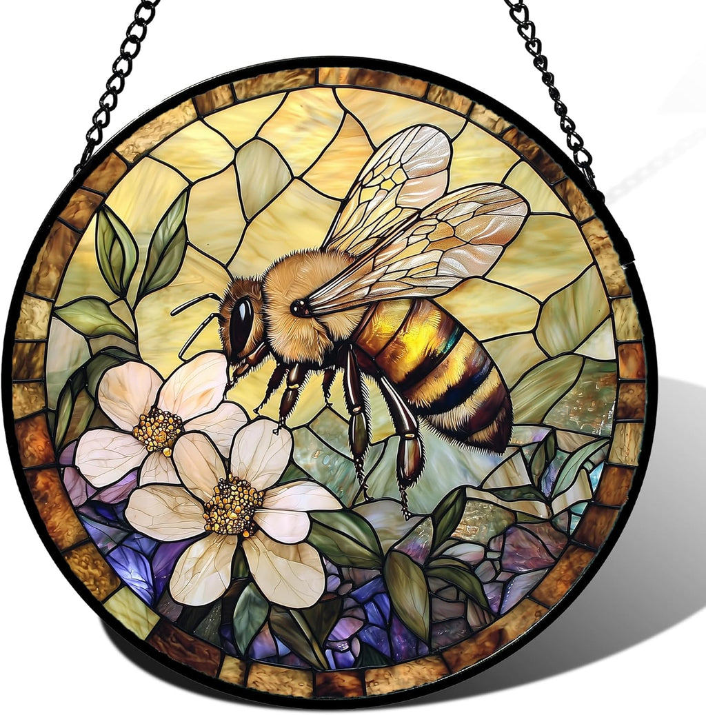 Stained Glass Window Hanging, Vintage Bee Yellow Flower Sun Catcher for Window Door Home Decor Suncatcher Christmas Mother's Day Birthday Gifts for Women Men Mom and Nana 6.3 in