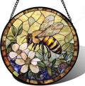 Stained Glass Window Hanging, Vintage Bee Yellow Flower Sun Catcher for Window Door Home Decor Suncatcher Christmas Mother's Day Birthday Gifts for Women Men Mom and Nana 9.8 in