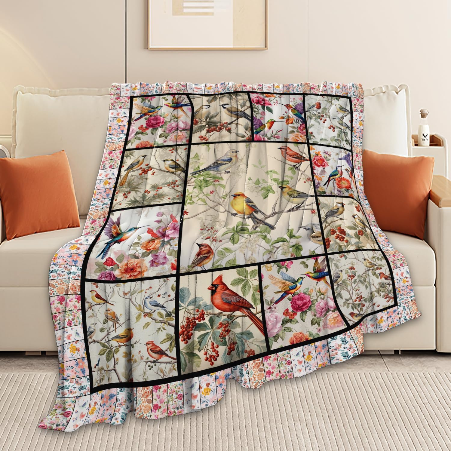 Bird Blanket Cardinal Hummingbird Sparrow Bird Throw Blanket Gifts for Women Men Boys Girls Kids Adults Super Soft Cozy Plush Fluffy Fuzzy Fleece Blanket Home Decor 60''X80''