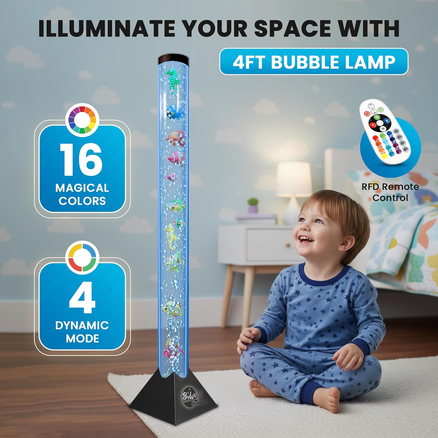 Brewish 4FT Bubble Tube Lamp with Replaceable Pump | 16 LED Color Changing Fake Aquarium Night Light with Remote & 12 Fish, No-Glue Design, Home Decor, Ideal Gifts, Sensory Lights for Autism & ADHD