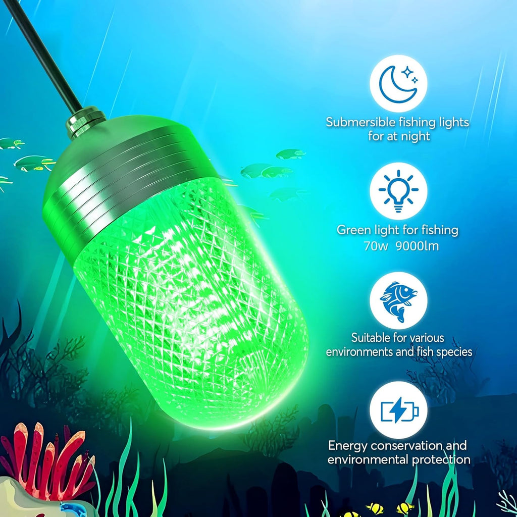 Luckerain Underwater Fishing Light 70W 150W High Bright LED 9000LM 20000LM Submersible Fish Attracting Light for Docks, Boats or Kayaks, Rust-Proof IP68 Waterproof