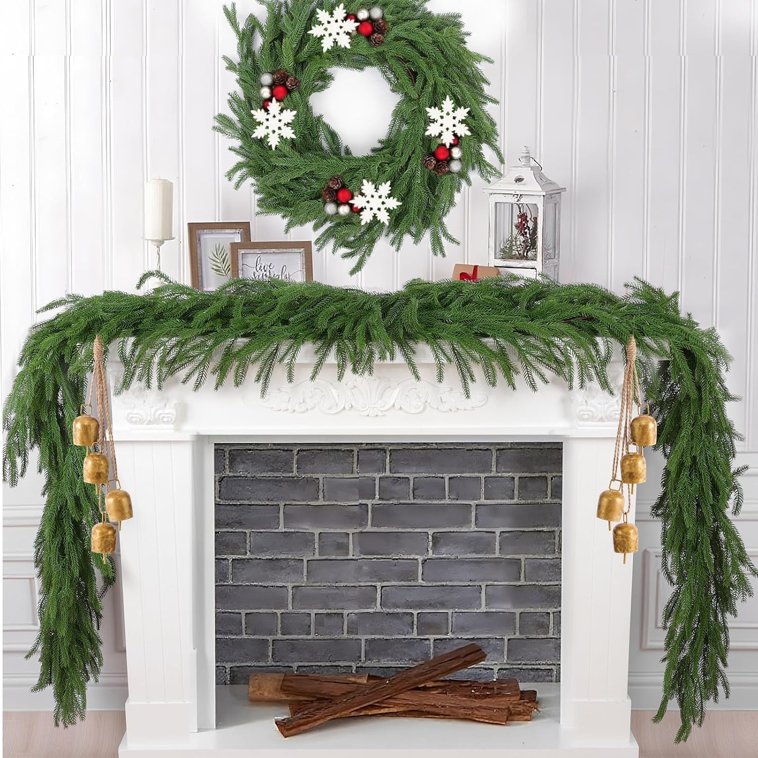 Hananona 2 Pcs 9 Ft Artificial Norfolk Pine Garlands, Real Touch Winter Pine Garland, Green Artificial Greenery Garland for Table, Mantle, Wall, Indoor, Outdoor Christmas Decorations (2, 9 Ft)