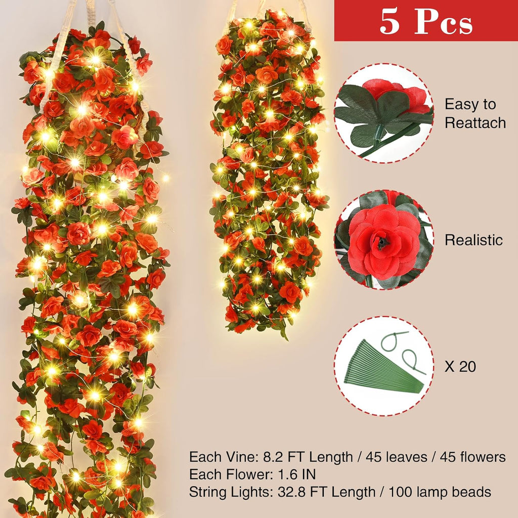 BLEUM CADE 5Pcs 41Ft Flower Garland Artificial Rose Vines with 32.8Ft String Lights, Cute Fake Hanging Flower Vines Floral Garland Decorations for Wedding Party Wall Room Decor Aesthetic