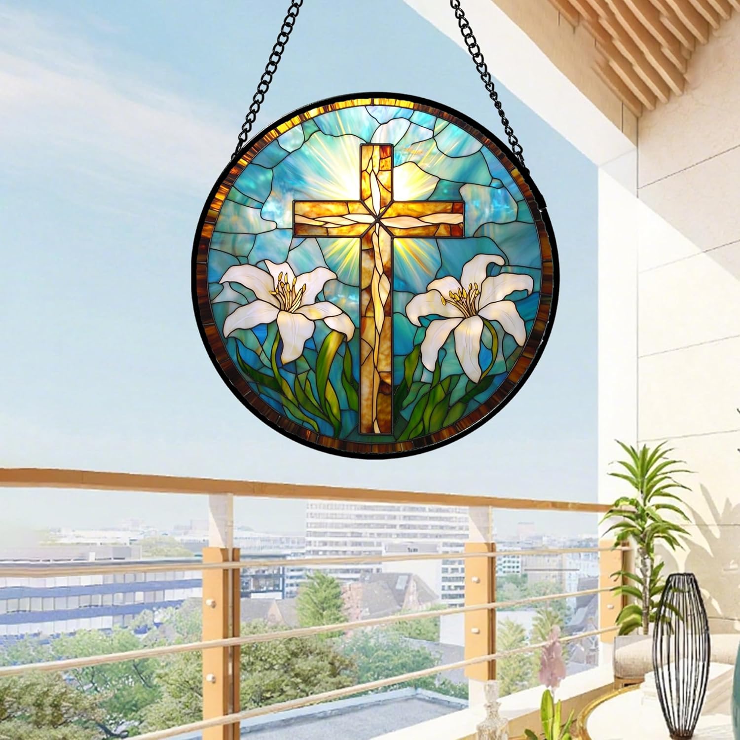 Christian Gifts for Women - Cross Stained Glass Window Hanging Jesus Easter White Lily Flower Sun Catcher Garden Religion Decor Mother's Day Catholic Gift for Men Grandma Mom Her Nana 6.3"
