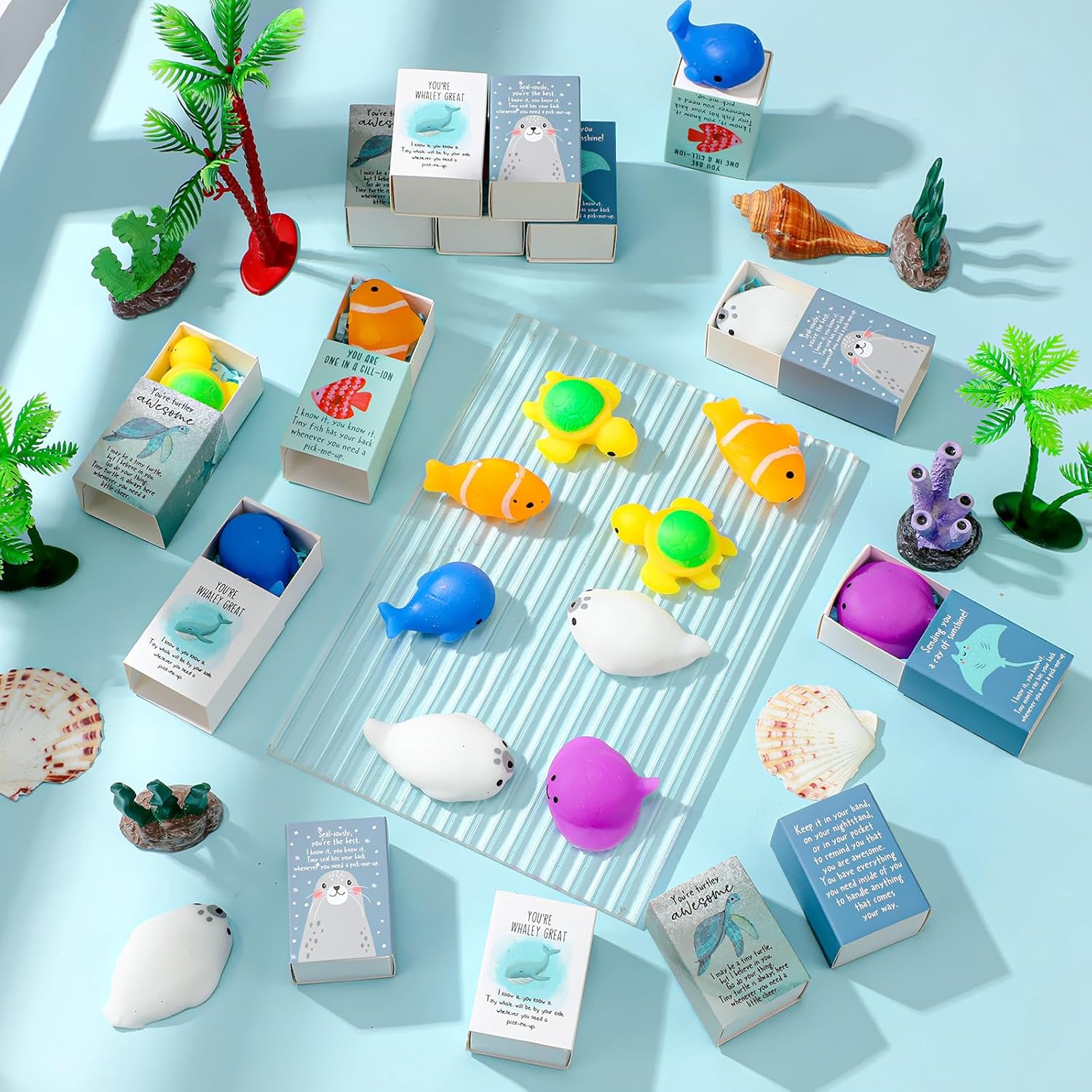 Wettarn 25 Sets Sea Animal Positive Gifts Cute Stress Balls with Support Gift Boxes Inspirational Party Favors for Employee Coworker Friends Office Appreciation Relief Toys