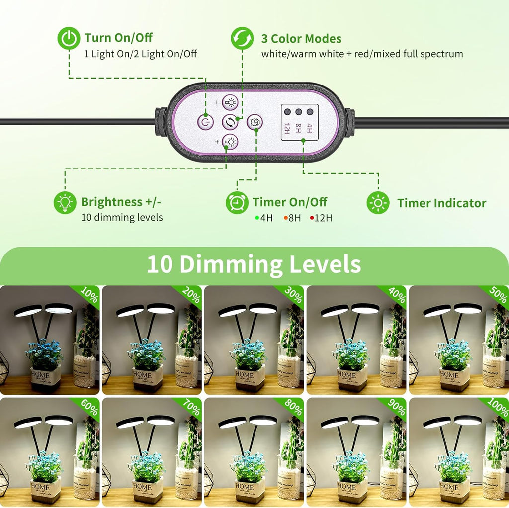 Clip on Grow Lights for Indoor Plants, Full Spectrum Plant Grow Lights, 2 Head Growing Lamp with Timer, 3 Dimmable Brightness Levels, Low Safe Voltage, Perfect for Small Plants