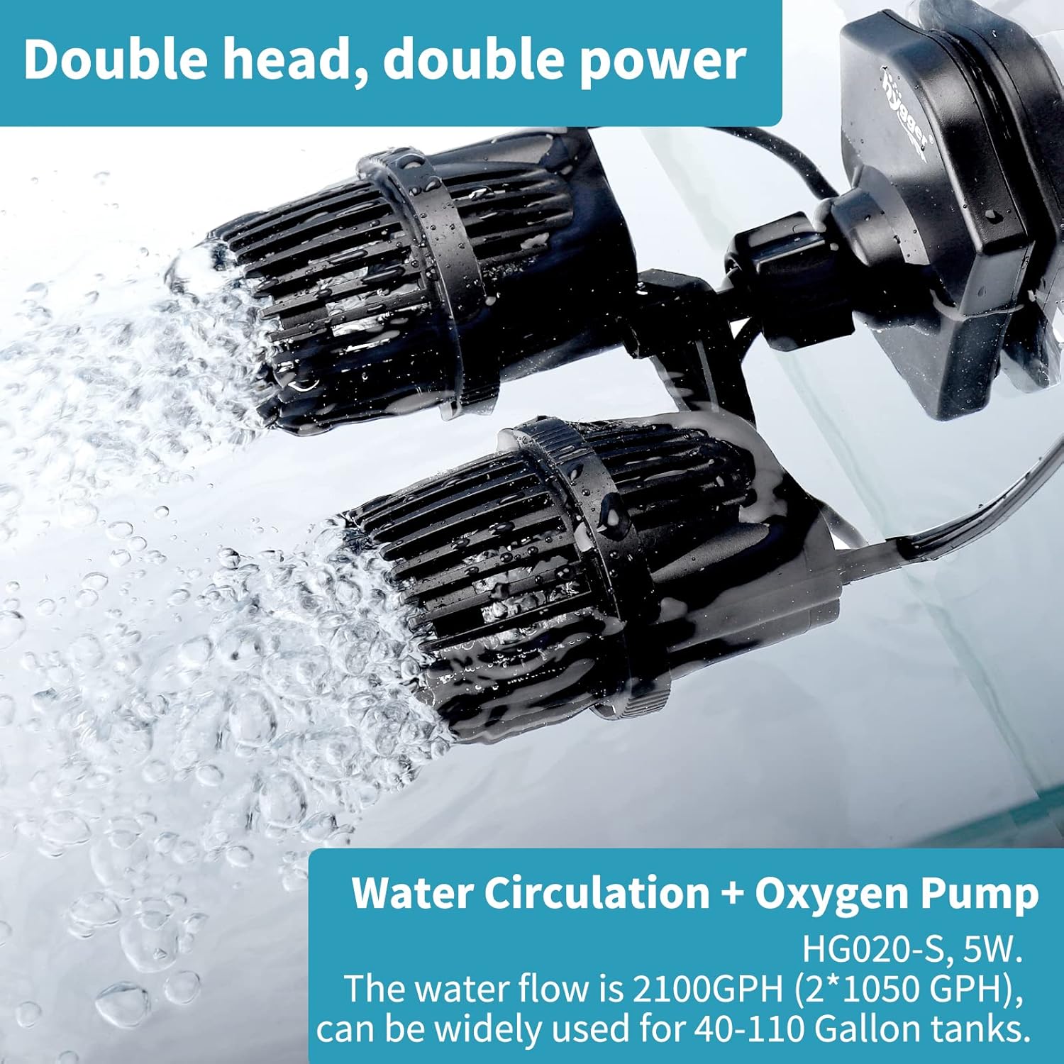 hygger 2100GPH Double Head Aquarium Wave Maker, Quiet 5W Aquarium Circulation Pump, with Strong Magnetic Suction Base, 360°Adjustable Power Head, for 40~110 Gal Tank