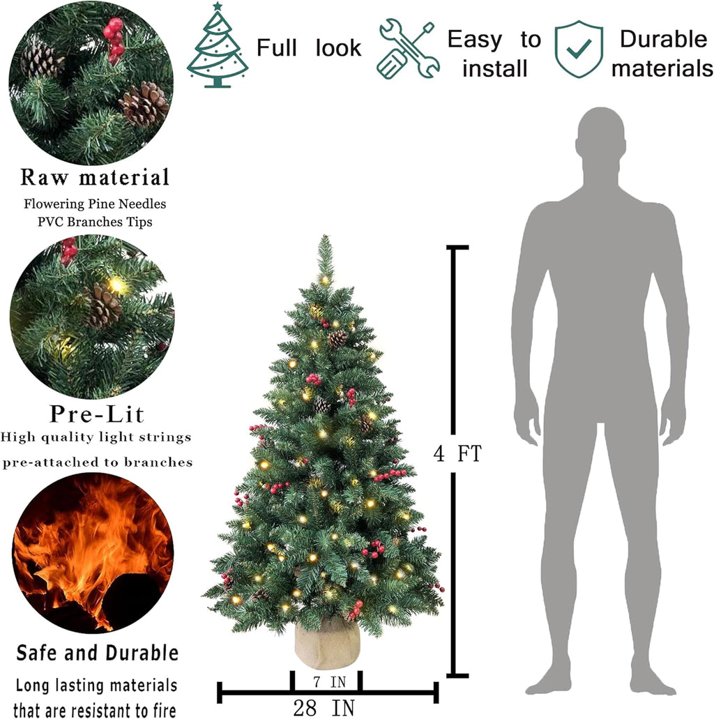 4ft Pre-lit Christmas Tree,Artificial Pine 300 PVC Branches Tips with 20 Red Berries & 20 Pinecone & 100 LED Lights & Burlap Wrapped Base Decor Xmas Tree