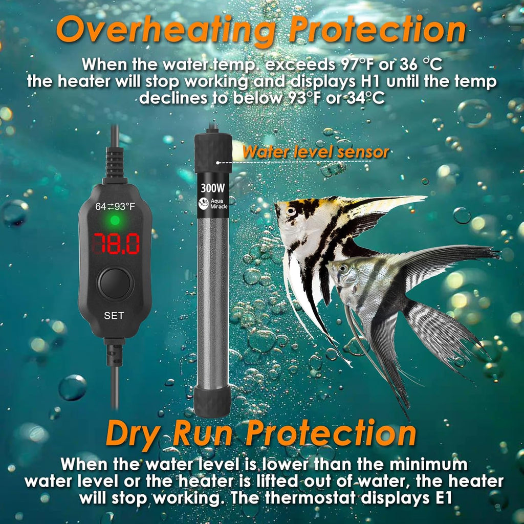 AquaMiralce 300W Aquarium Heater with Compact Size, Submersible Fish Tank Heater with LED Digital Display Thermostat, Adjustable Fish Heater Turtle Heater for 40-60 Gallon Tanks