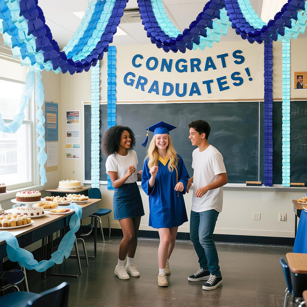 12 Pcs Blue Paper Garland Streamers Decorations, Navy Sky Teal Gradient Backdrop Decor 9.8ft Ready-to-Hang 4-Leaf Design for Graduation Mamma Mia Under The Sea Boy Birthday Party Supplies