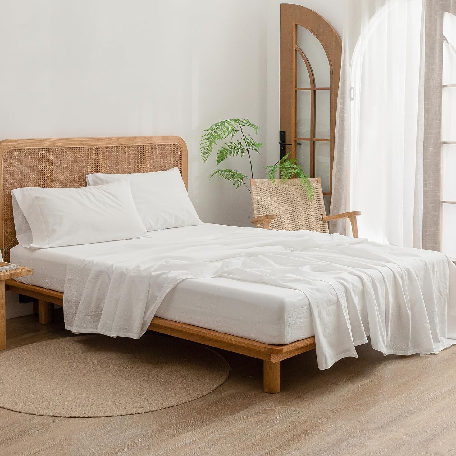 BESTOUCH Sheet Set 100% Washed Cotton Linen Feel Super Soft Comfortable Chic Lightweight 4 Pcs Home Bedding Set Solid Off White Queen