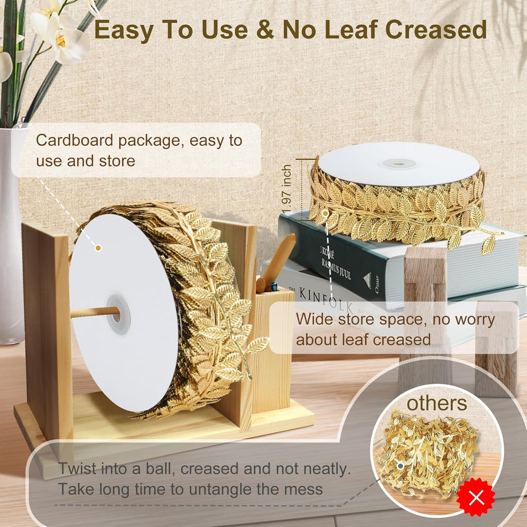 Naidiler Gold Leaf Ribbon, 20 Yards Artificial Gold Leaf Trim for DIY Crafts, Wrapping, Wedding Cake Baby Shower Party Wreath Garland Hair & Clothes Home Décor
