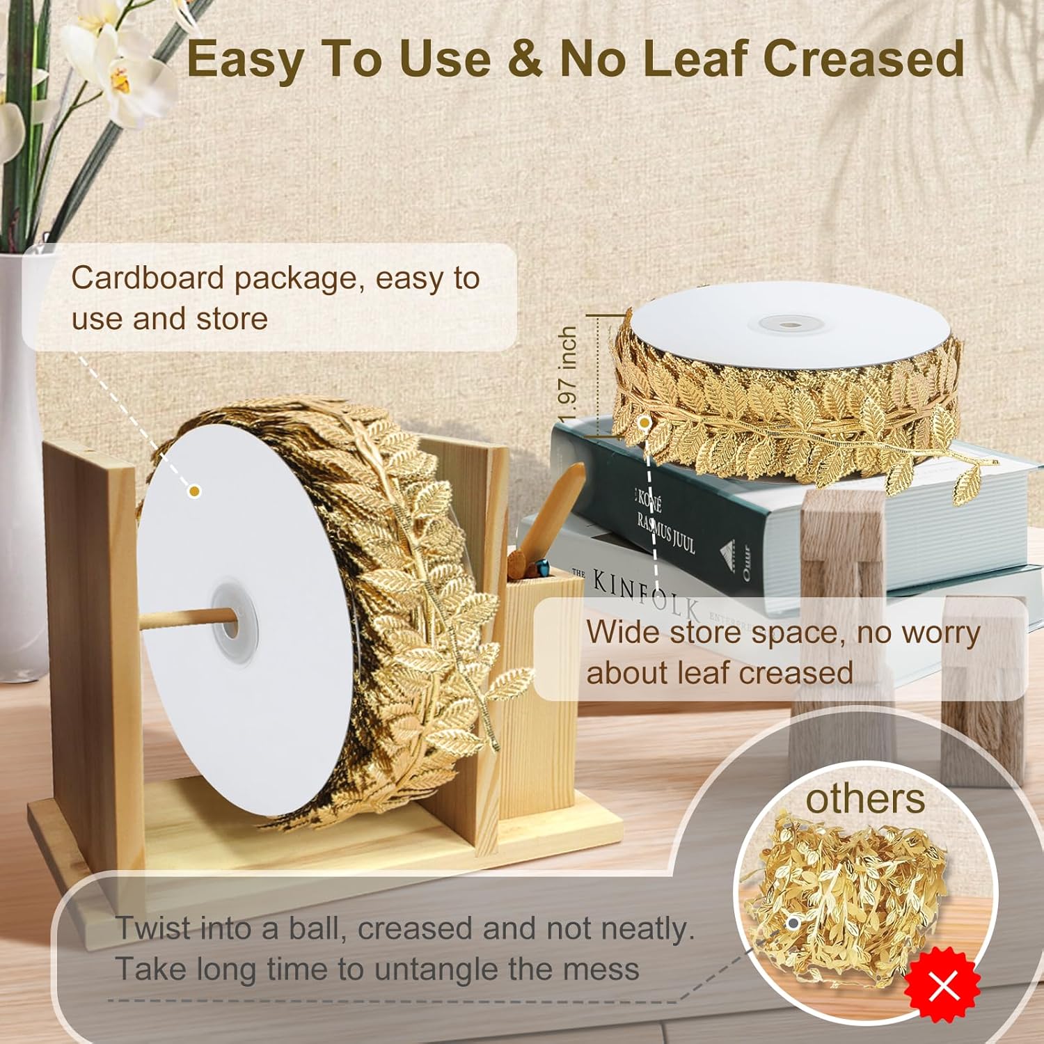 Naidiler Gold Leaf Ribbon, 20 Yards Artificial Gold Leaf Trim for DIY Crafts, Wrapping, Wedding Cake Baby Shower Party Wreath Garland Hair & Clothes Home Décor