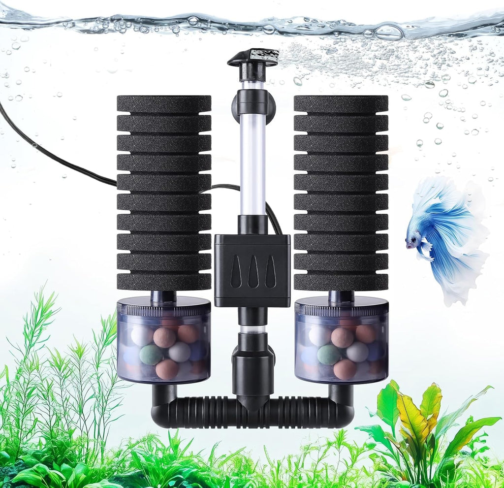AQQA Electric Sponge Filter for Aquariums - Dual Bio & Mechanical Filtration, 8W 80 GPH Water Pump with Oxygenation & Water Circulation, Fits 15-55 Gallon Fish Tanks (110V/60Hz)