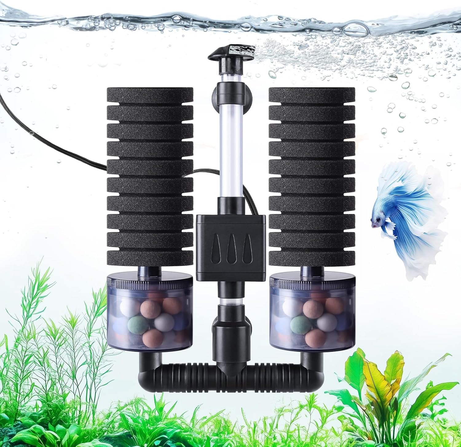 AQQA Electric Sponge Filter for Aquariums - Dual Bio & Mechanical Filtration, 8W 80 GPH Water Pump with Oxygenation & Water Circulation, Fits 15-55 Gallon Fish Tanks (110V/60Hz)