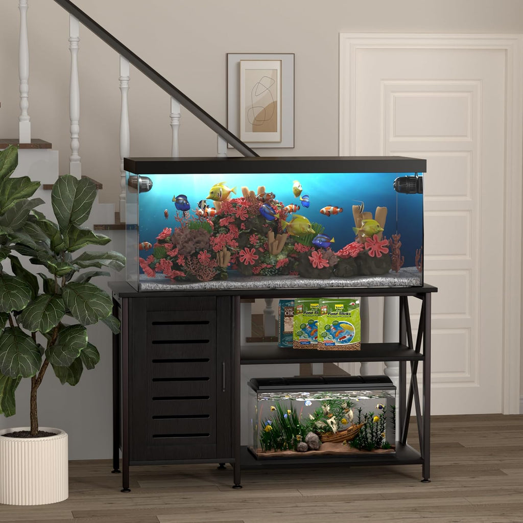55-75 Gallon Fish Tank Stand,Aquarium Stand with Cabinet Accessories Storage,Heavy Duty Metal Frame,Aquarium Cabinet with Power Outlets 52" L*19.68" W Tabletop,1200LBS Capacity,Black PG05YGB