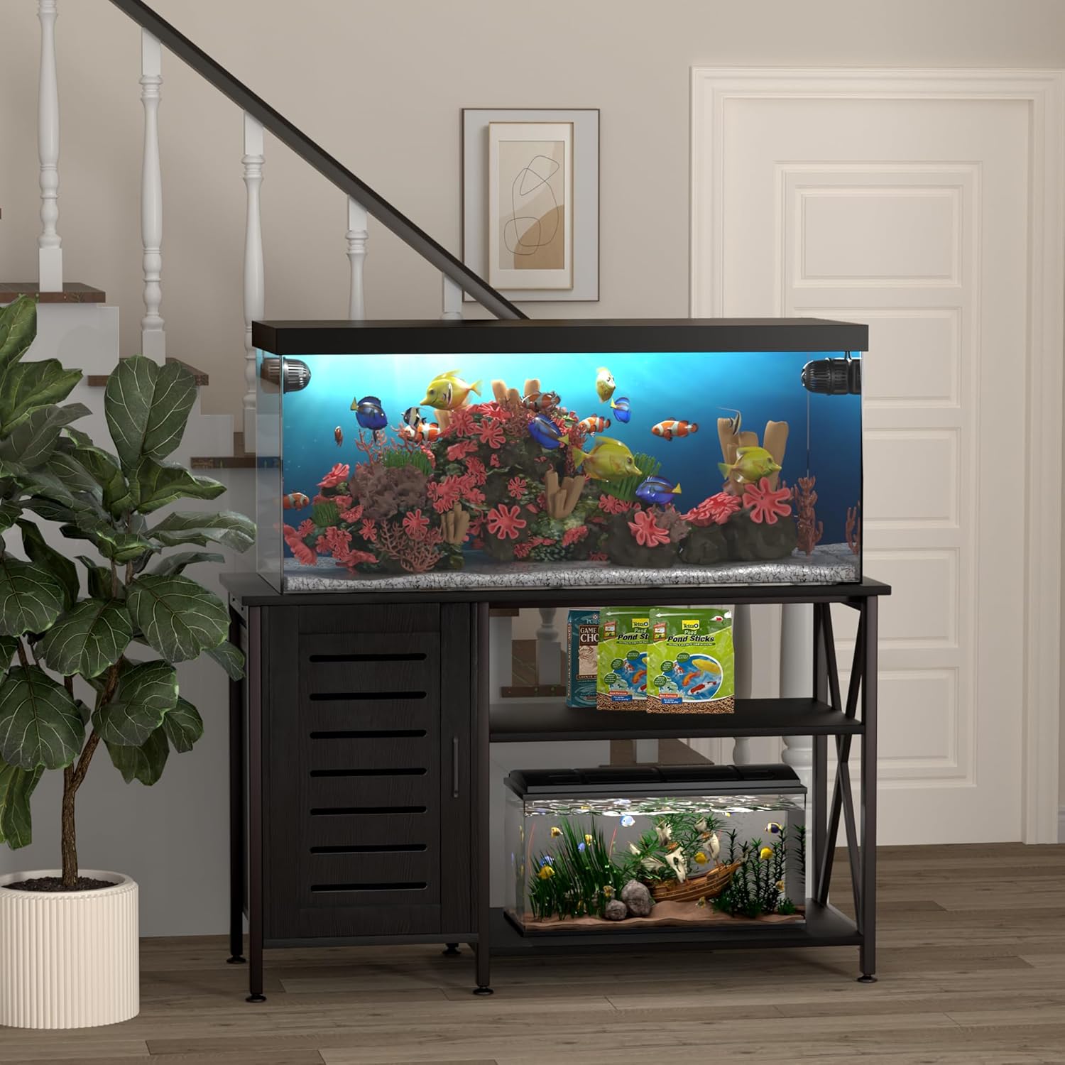 55-75 Gallon Fish Tank Stand,Aquarium Stand with Cabinet Accessories Storage,Heavy Duty Metal Frame,Aquarium Cabinet with Power Outlets 52" L*19.68" W Tabletop,1200LBS Capacity,Black PG05YGB