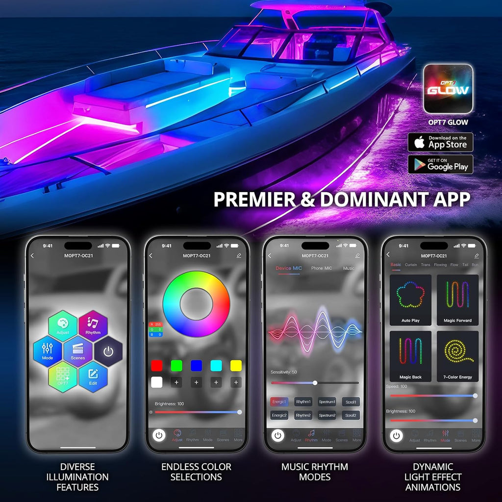 OPT7 Aura DreamColor Marine Boat LED Strips Light with APP & Remote Control, 4 PCS RGB-IC Interior Music Color Chasing Light Kit, 12V Waterproof Under Deck Lights for Pontoon Jon Bass Boat Yacht