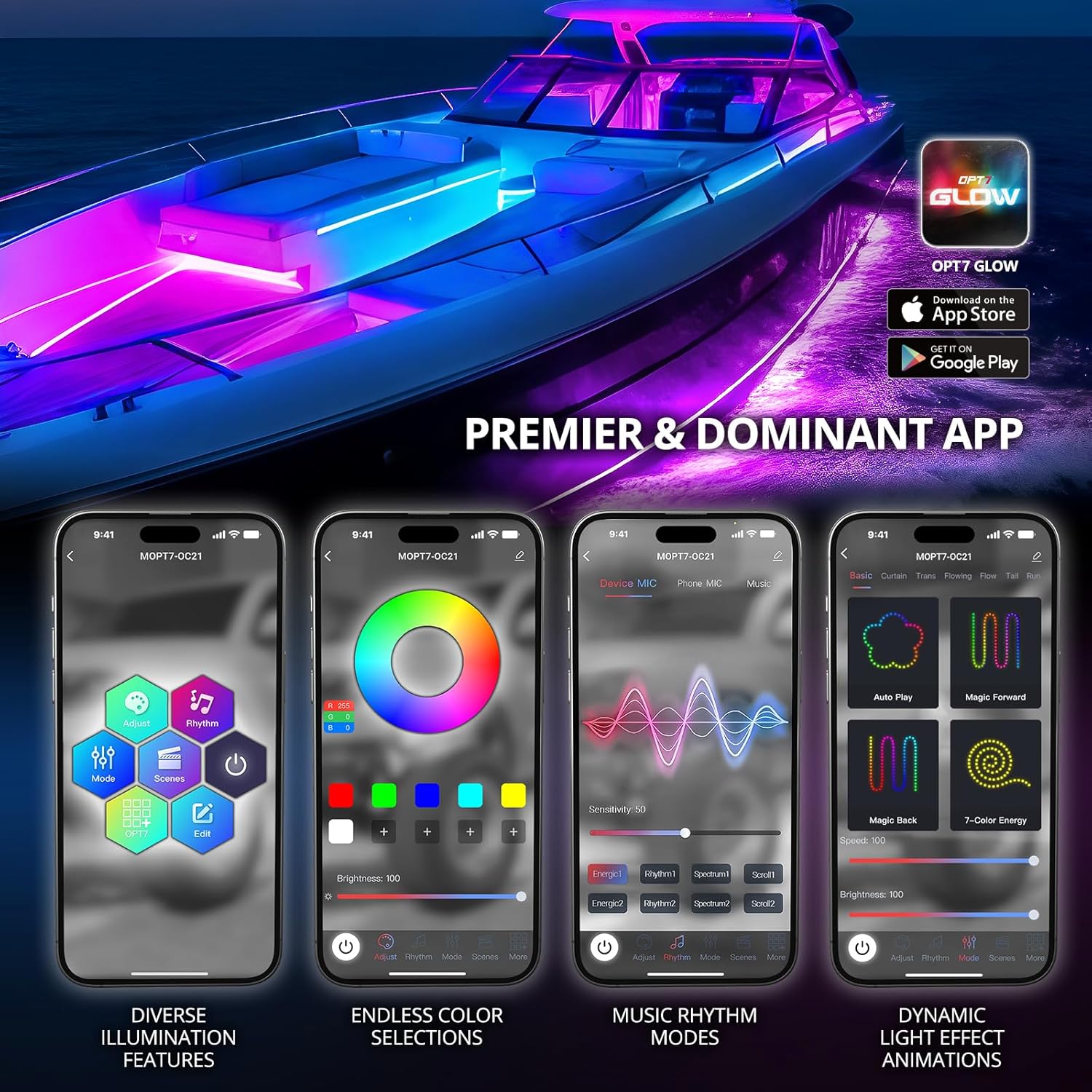 OPT7 Aura DreamColor Marine Boat LED Strips Light with APP & Remote Control, 4 PCS RGB-IC Interior Music Color Chasing Light Kit, 12V Waterproof Under Deck Lights for Pontoon Jon Bass Boat Yacht