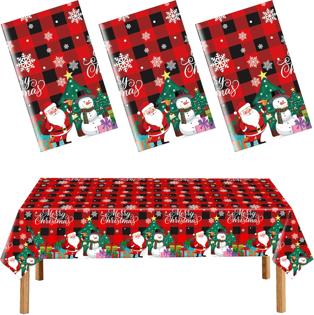3 Pack Plastic Christmas Tablecloth Red Black Plaid Table Cover Snowman Santa Claus Table Cloth for Xmas Decorations Winter Holiday Party Supplies