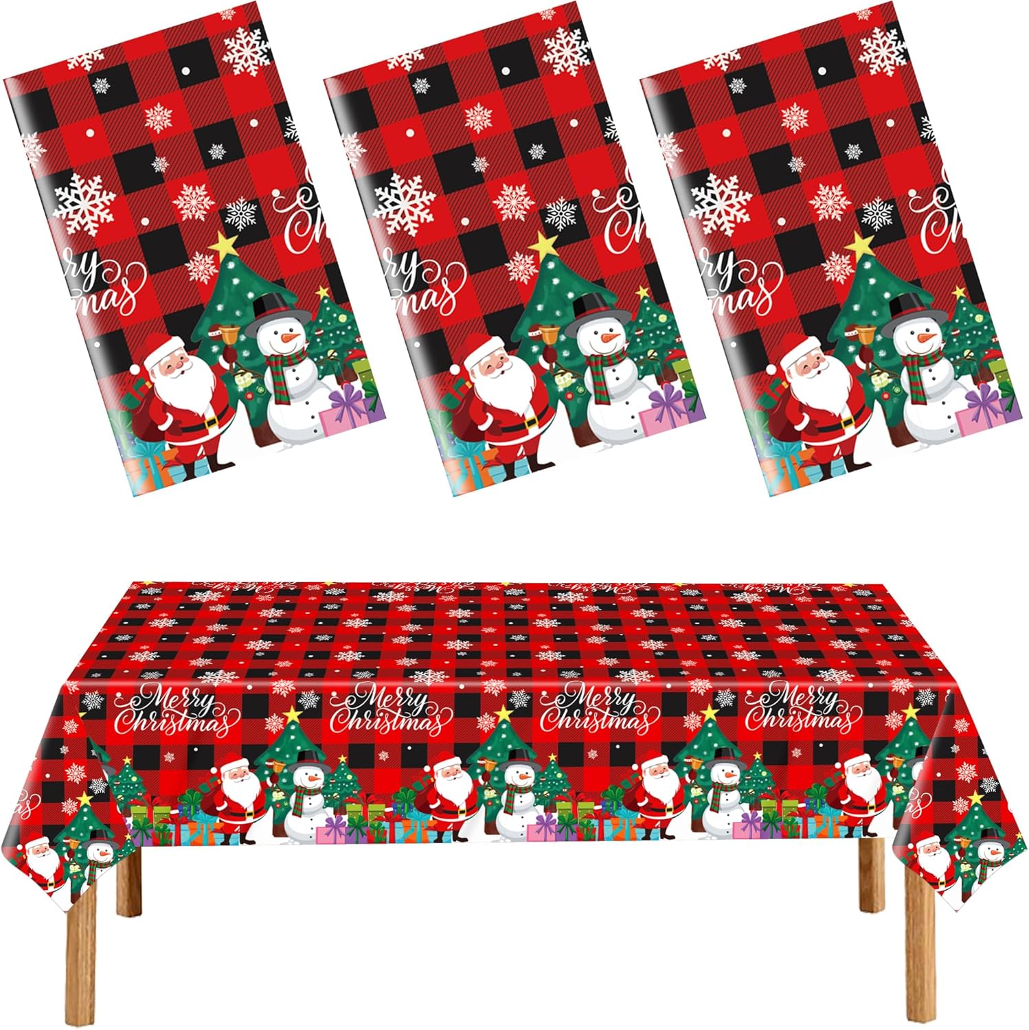 3 Pack Plastic Christmas Tablecloth Red Black Plaid Table Cover Snowman Santa Claus Table Cloth for Xmas Decorations Winter Holiday Party Supplies