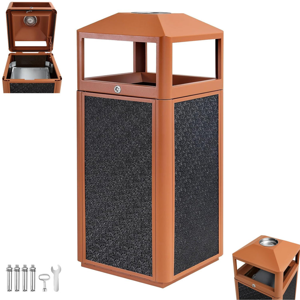 Commercial Square Receptacle Garbage Can with Dome Lid, W/Stylish Panels,Brown, 15 Gallon
