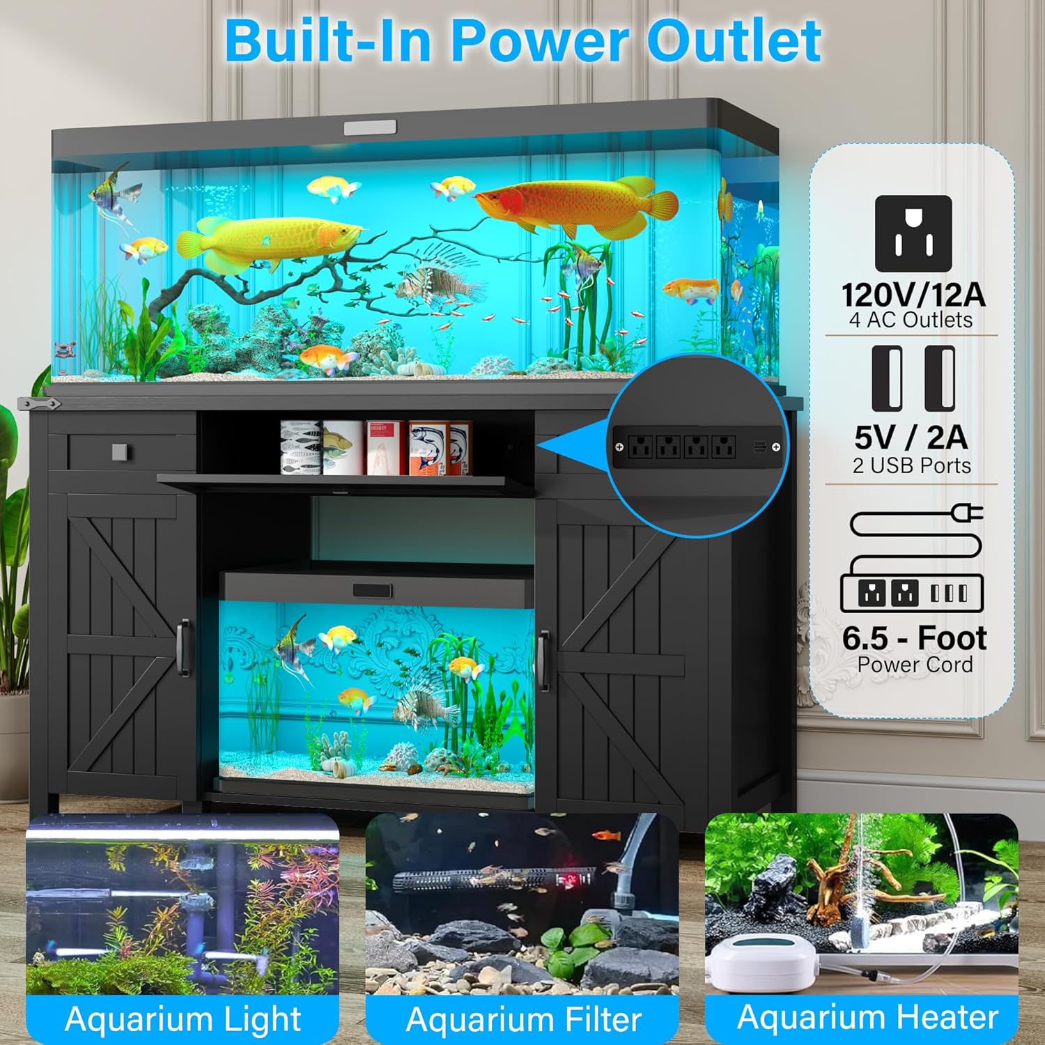 Farmhouse 55-75 Gallon Fish Tank Stand with Power Outlet, Aquarium Stand with 2 Drawers and Adjustable Shelves, Heavy Duty Reptile Tank Stand for 2 Fish Tank/Turtle Tank/Reptile Terrarium