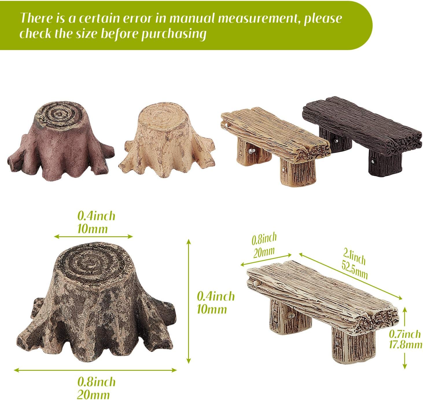 Skylety 12 Pieces Miniature Garden Ornaments, Includes 6 Pieces Retro Wooden Style Benches, 6 Artificial Mini Root Stump for Moss Terrariums Landscape Dollhouse Accessories Decorations (Pack of 2)