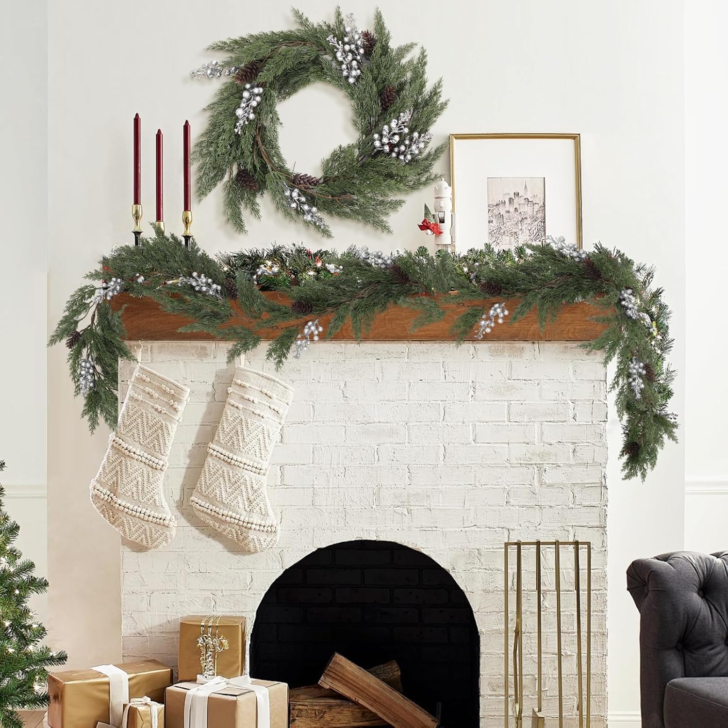 SJL Faux Cypress Pine Garlands 1Pcs Christmas Garland Artificial Realistic Holiday Cedar Pine Needles Greenery Garland Decoration with Pinecones and Berries for Fireplace Table Christmas Party Home