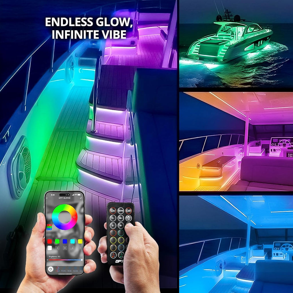 OPT7 Aura DreamColor Marine Boat LED Strips Light with APP & Remote Control, 4 PCS RGB-IC Interior Music Color Chasing Light Kit, 12V Waterproof Under Deck Lights for Pontoon Jon Bass Boat Yacht