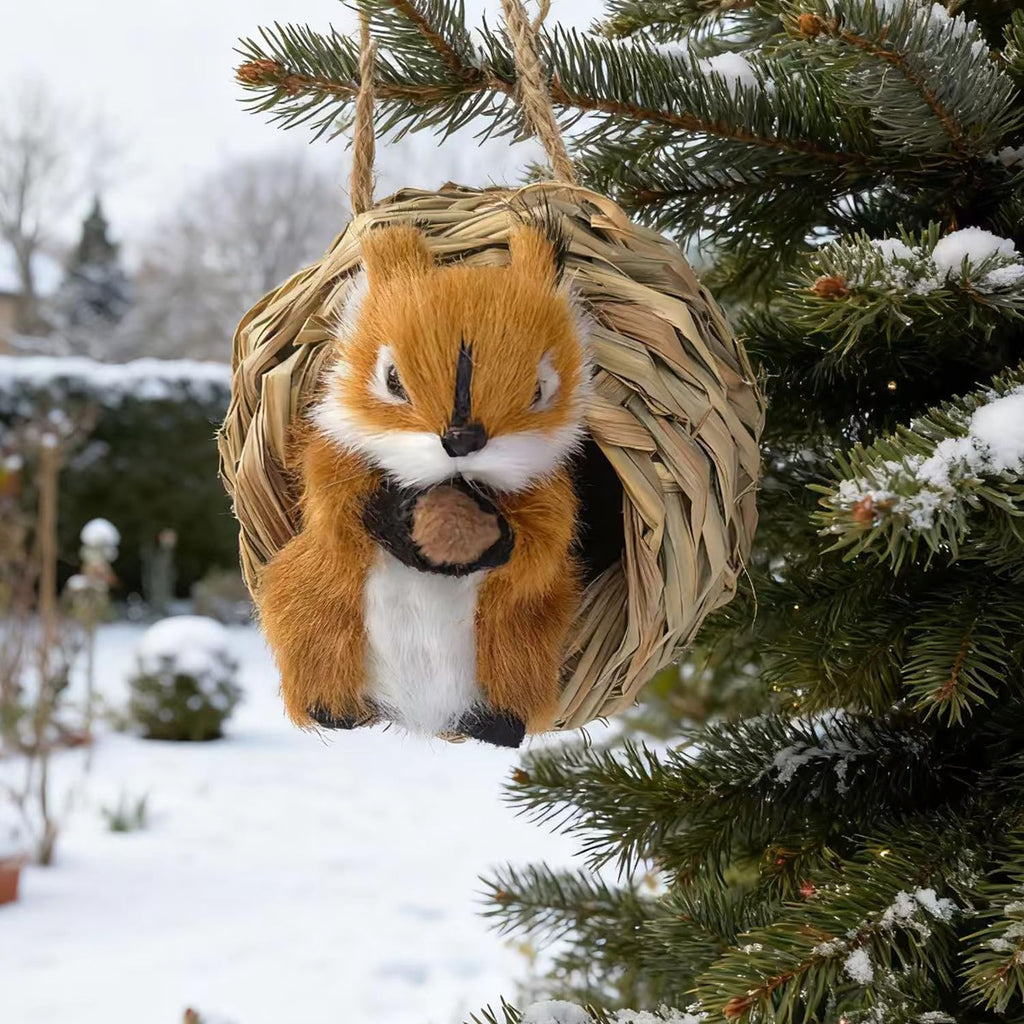 3D Forest Animals Ornaments for Christmas Tree Woodland Furry Animal Ornament Handmade Bird Nest with Plush Animal for Xmas Tree Faux Fur Animals Hanging Decoration (5" Nest & Brown Squirrel)
