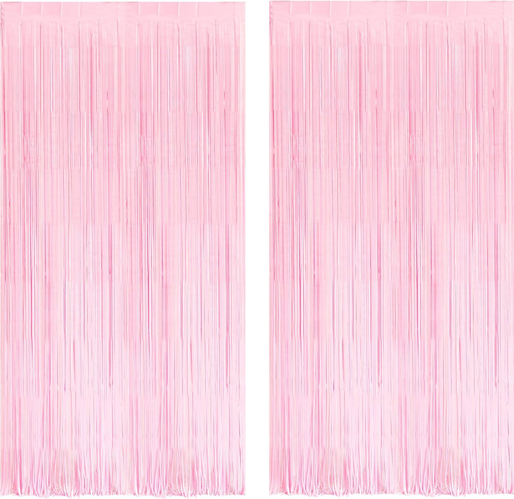 BRAVESHINE Pastel Pink Foil Fringe Curtains Tinsel Backdrop - 2 Pack Photo Booths Party Streamers for Christmas Snowflake Girls Princess Birthdays Baby/Bridal Shower Bachelorette Sweet Bow Decorations