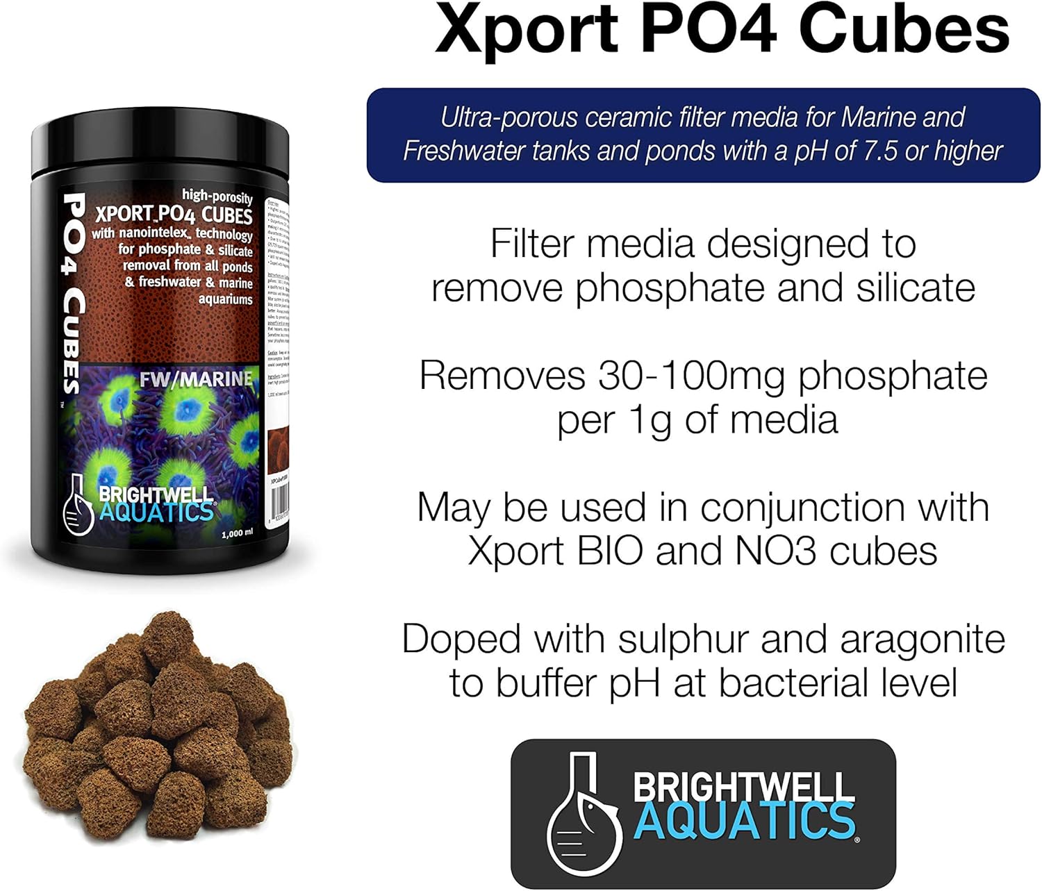 Brightwell Aquatics Xport PO4 Cubes - High-Porosity Cube Filter Media for Phosphate & Silicate Removal from All Ponds & Freshwater & Marine Aquariums, 1000ML (XPCubeP1000)