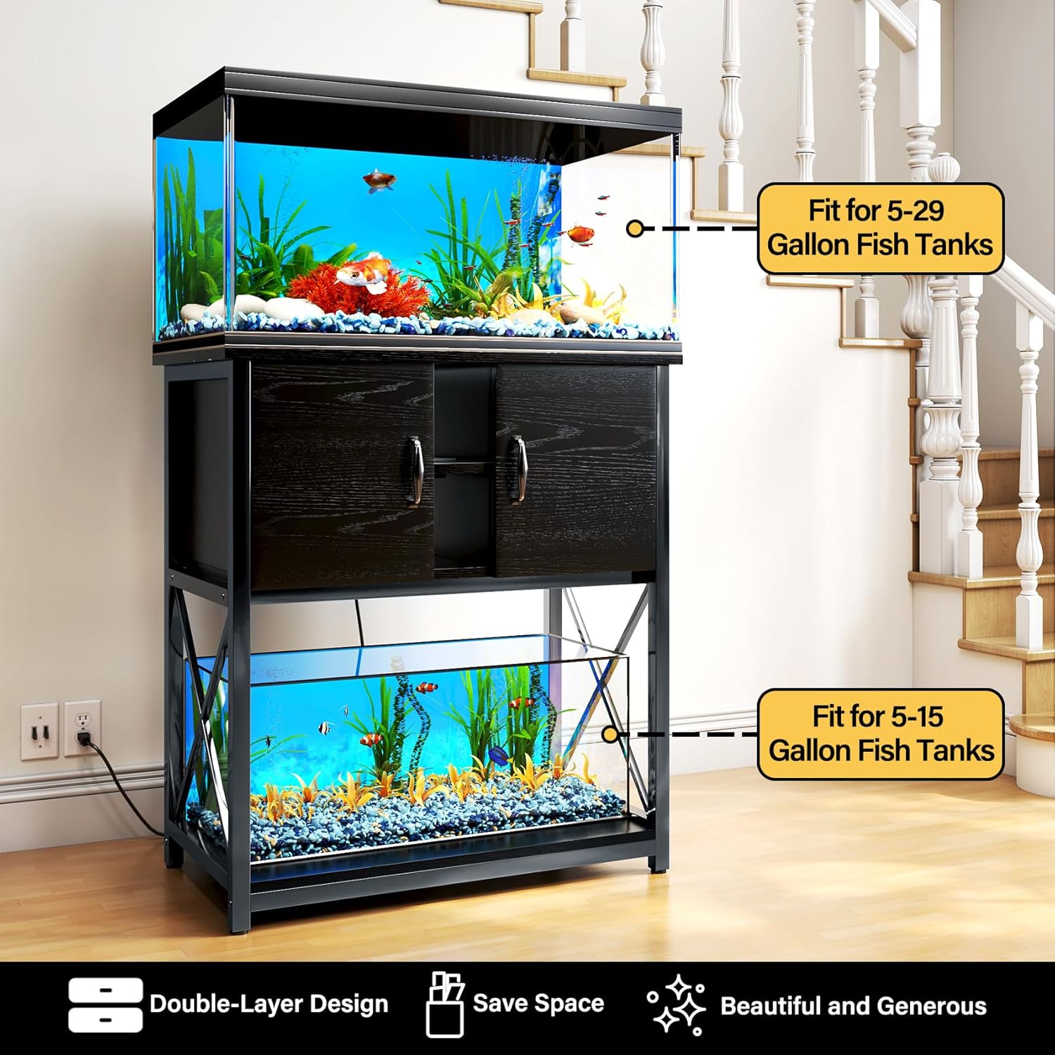 TC-HOMENY 10-29 Gallon Aquarium Stand with Charging Station and Cable Holes, Metal Fish Tank Stand with Storage Cabinet, 29" L x 16.5" W Tabletop, 880LBS Capacity